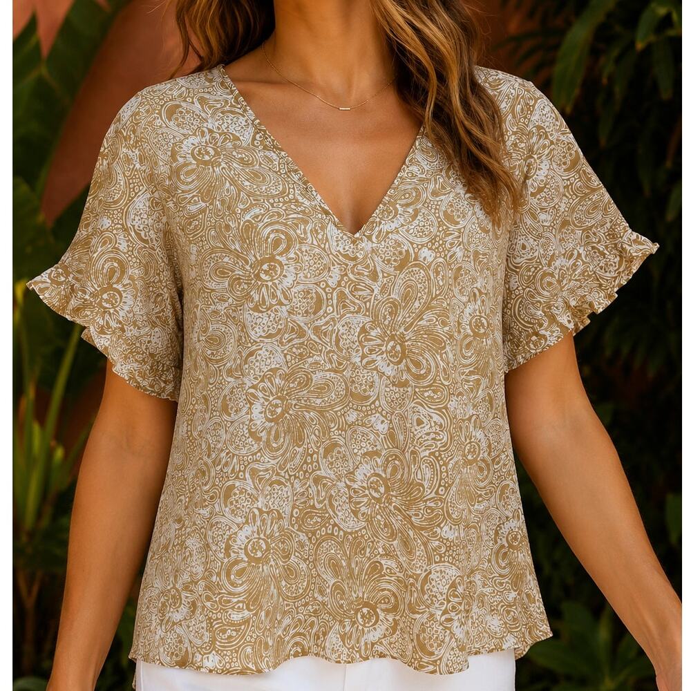 MICHAEL Michael Kors Large Paisley Ruffle Sleeve V-Neck Blouse NEW